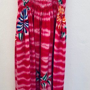 Floral Tie-Dye Sarong Dress Hand Painted Flowers Mid Calf Fuchsia Elastic Bodice